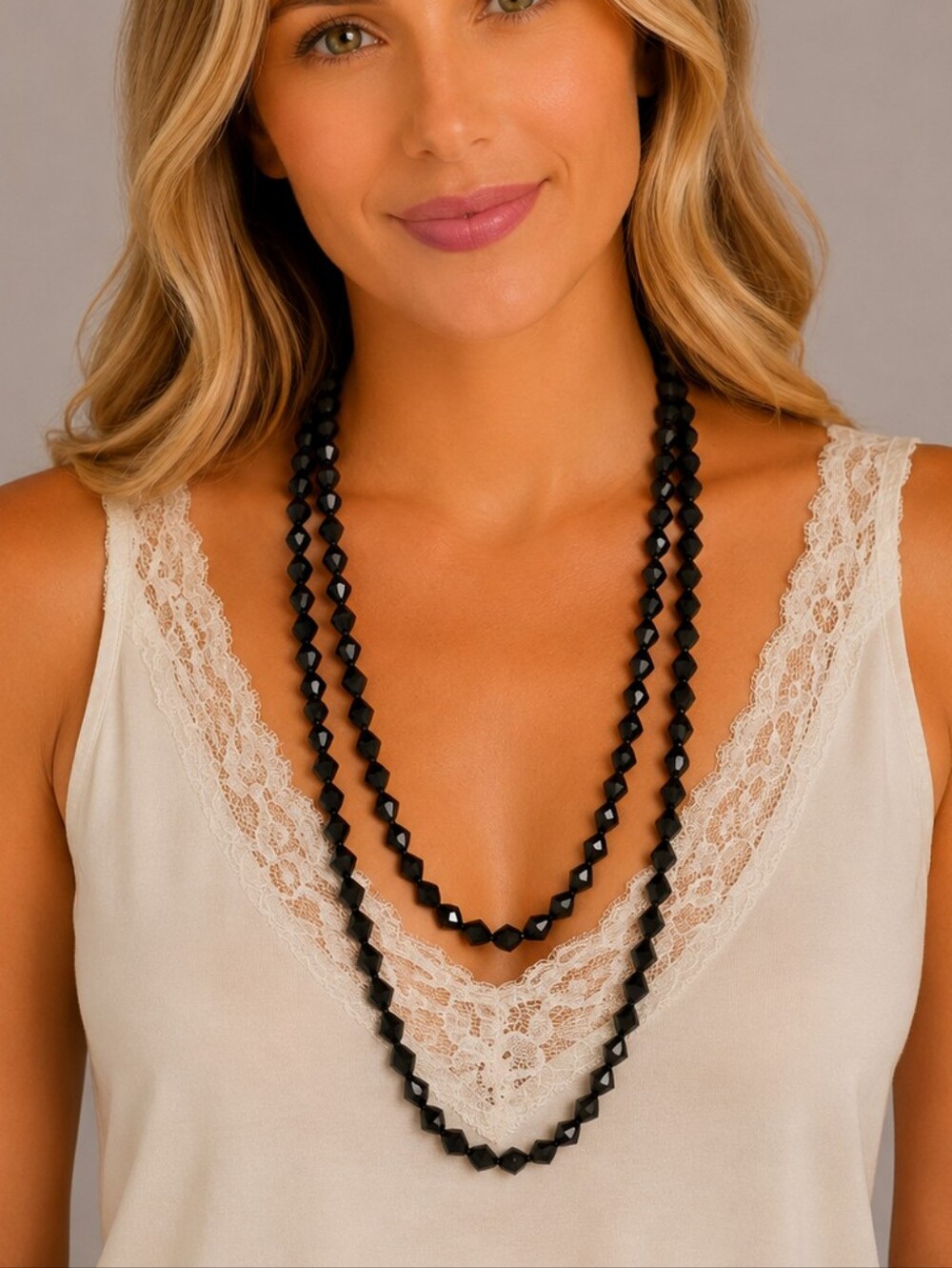 Vintage Jet Black Bicone Glass Knot Beaded Extra Long Necklace